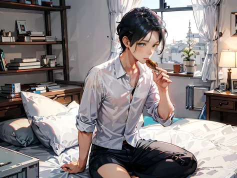 Libido boy, Black hair，White shirt，Sit on the bed in the room，Eating dinner
