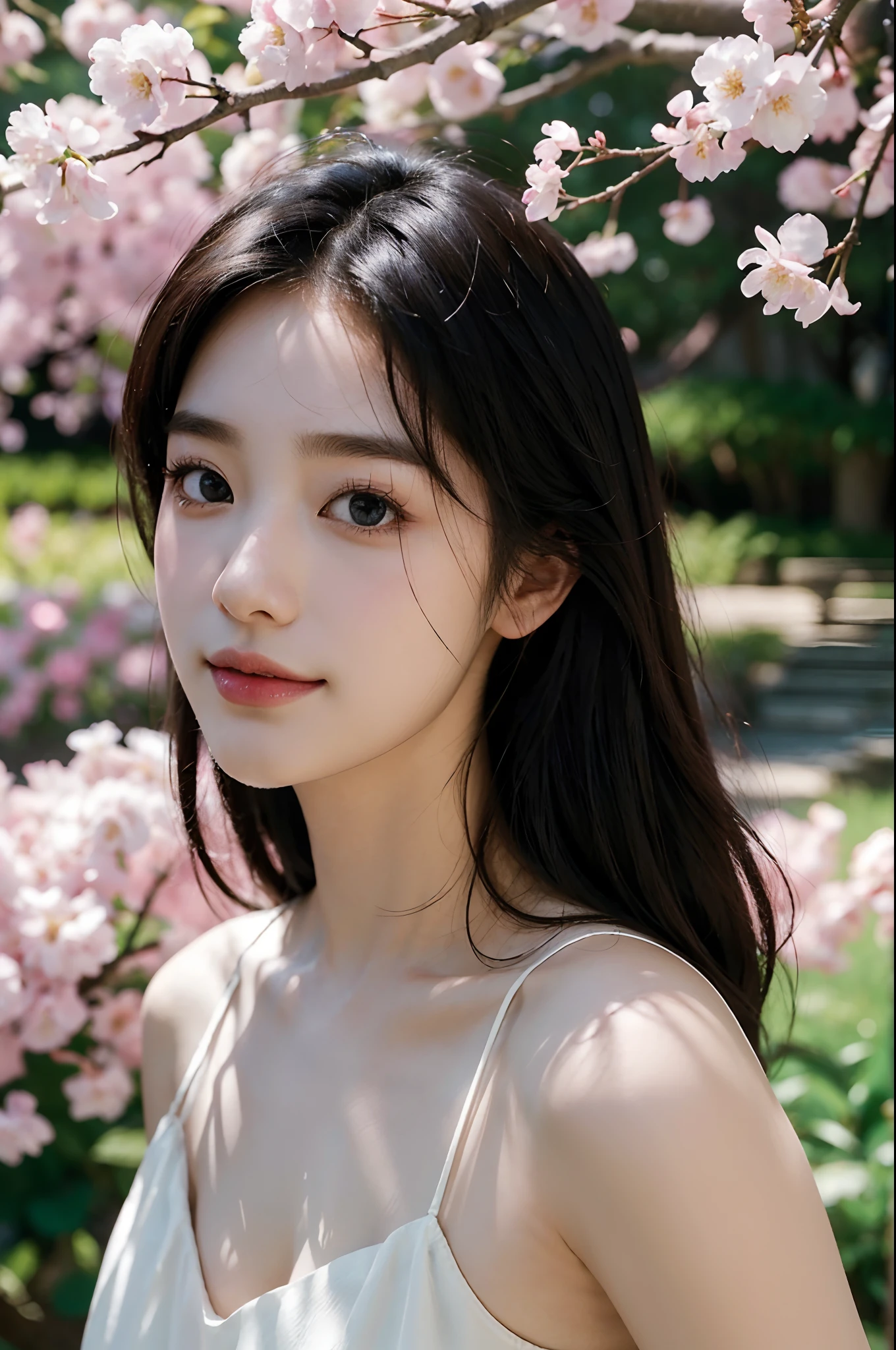 (Best quality,4K,8K,A high resolution,Masterpiece:1.2),Ultra-detailed,(Realistic,Photorealistic,photo-realistic:1.37),Beautiful detailed eyes,beautiful detailed lips,Extremely detailed eyes and face,Long eyelashes,1girll,korean beautifull girl,Japanese and Korean beauties,Korean,Large cleavage,deep v big breasts,Under the cherry blossoms,Enchanted smile,feminine charm,Flowing black hair,Elegant posture,Beautiful dance moves,Soft sunlight filters through the branches,Subtle shades of pink and white,tranquil ambiance,The breeze rustles the petals,Portrait style painting,Meticulous brushstrokes,Texture canvas,Delicate petals,Ethereal beauty,There is a faint blush on the cheeks,Natural and enhanced functionality,Classic Korean makeup,Sparkling eyes,setting in nature,Tranquil background,A traditional Korean garden,Gorgeous wooden building,colorful lanterns,Unique Korean style,The subtle scent of cherry blossoms,Play soft music in the background