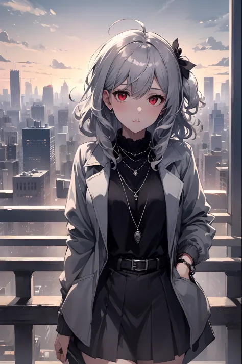 best quality,masterpiece,1girl,silver hair,disheveled hair,curly_hair,shirt,skirt,kawaisou,JK,red_bow,watchi,necklace,cityscape,...