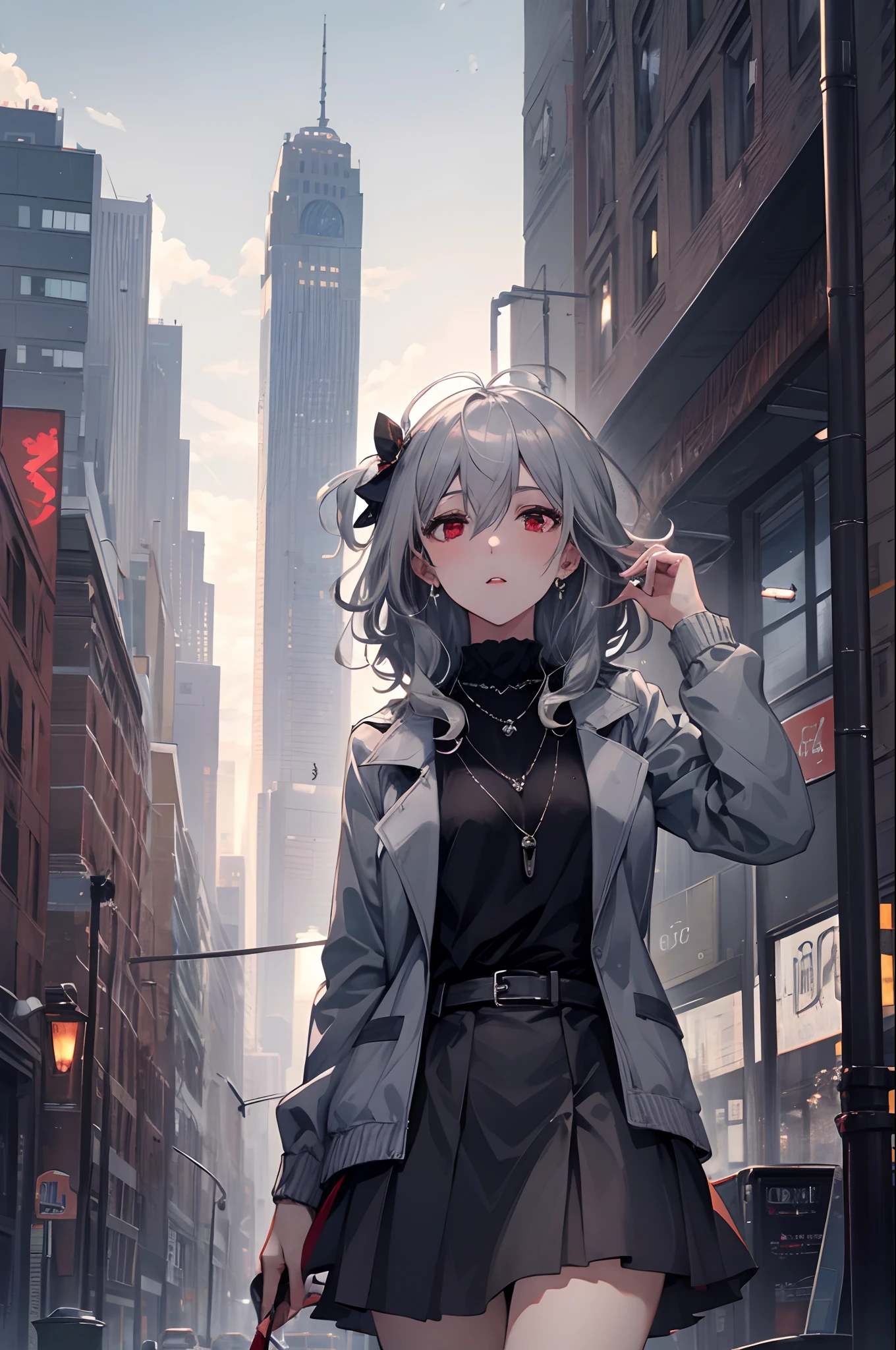 best quality,masterpiece,1girl,silver hair,disheveled hair,curly_hair,shirt,skirt,kawaisou,JK,red_bow,watchi,necklace,cityscape,8k raw photo,ultra high res,highest detailed,intricate,8k,HDR,