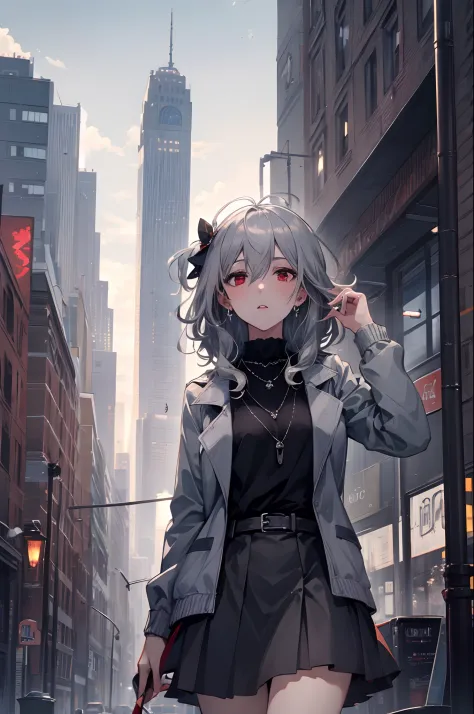 best quality,masterpiece,1girl,silver hair,disheveled hair,curly_hair,shirt,skirt,kawaisou,JK,red_bow,watchi,necklace,cityscape,...