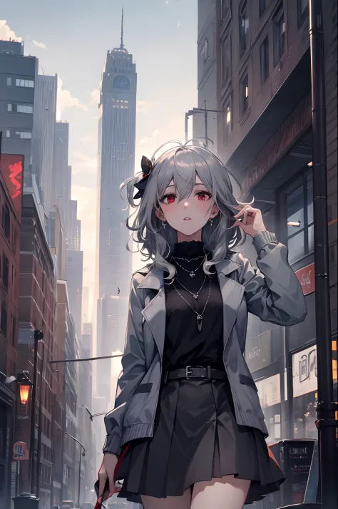 best quality,masterpiece,1girl,silver hair,disheveled hair,curly_hair,shirt,skirt,kawaisou,jk,red_bow,watchi,necklace,cityscape,...