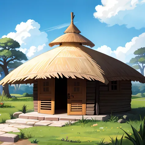 Thatched hut in Eswea，cartoony