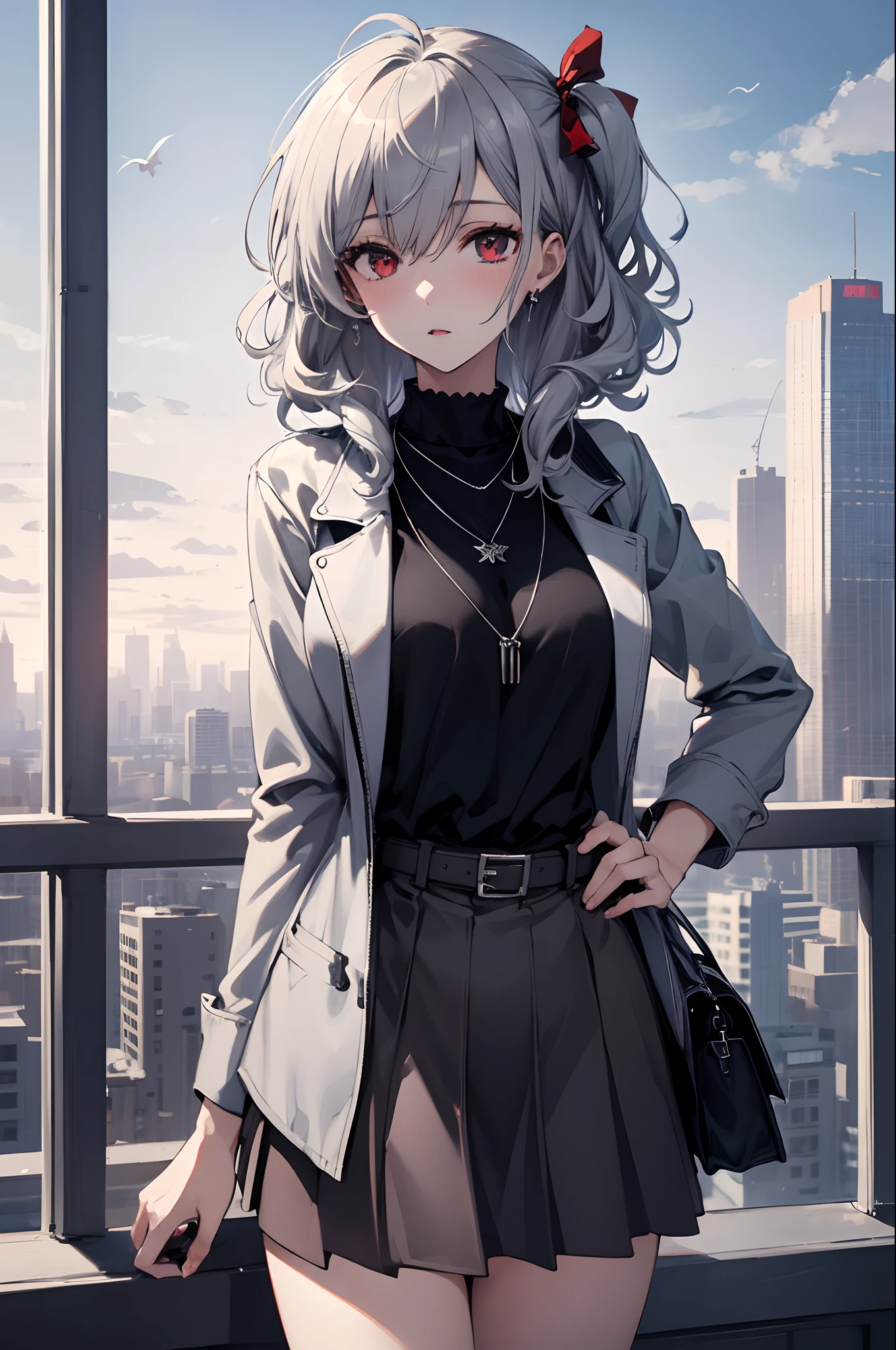 best quality,masterpiece,1girl,silver hair,disheveled hair,curly_hair,shirt,skirt,kawaisou,JK,red_bow,watchi,necklace,cityscape,8k raw photo,ultra high res,highest detailed,intricate,8k,HDR,