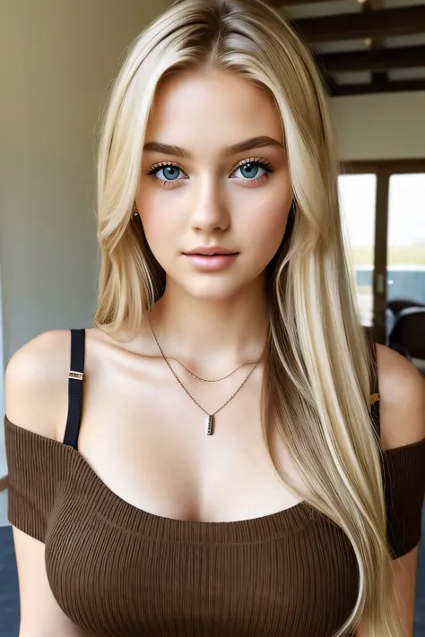 1girl in, age19, Solo, Long hair, Colossal tits, Looking at Viewer, blondehair, Bare shoulders, Brown eyes, jewely, looking directly at viewer, a necklace, off shoulders, Sweaters, Realistic, A sexy