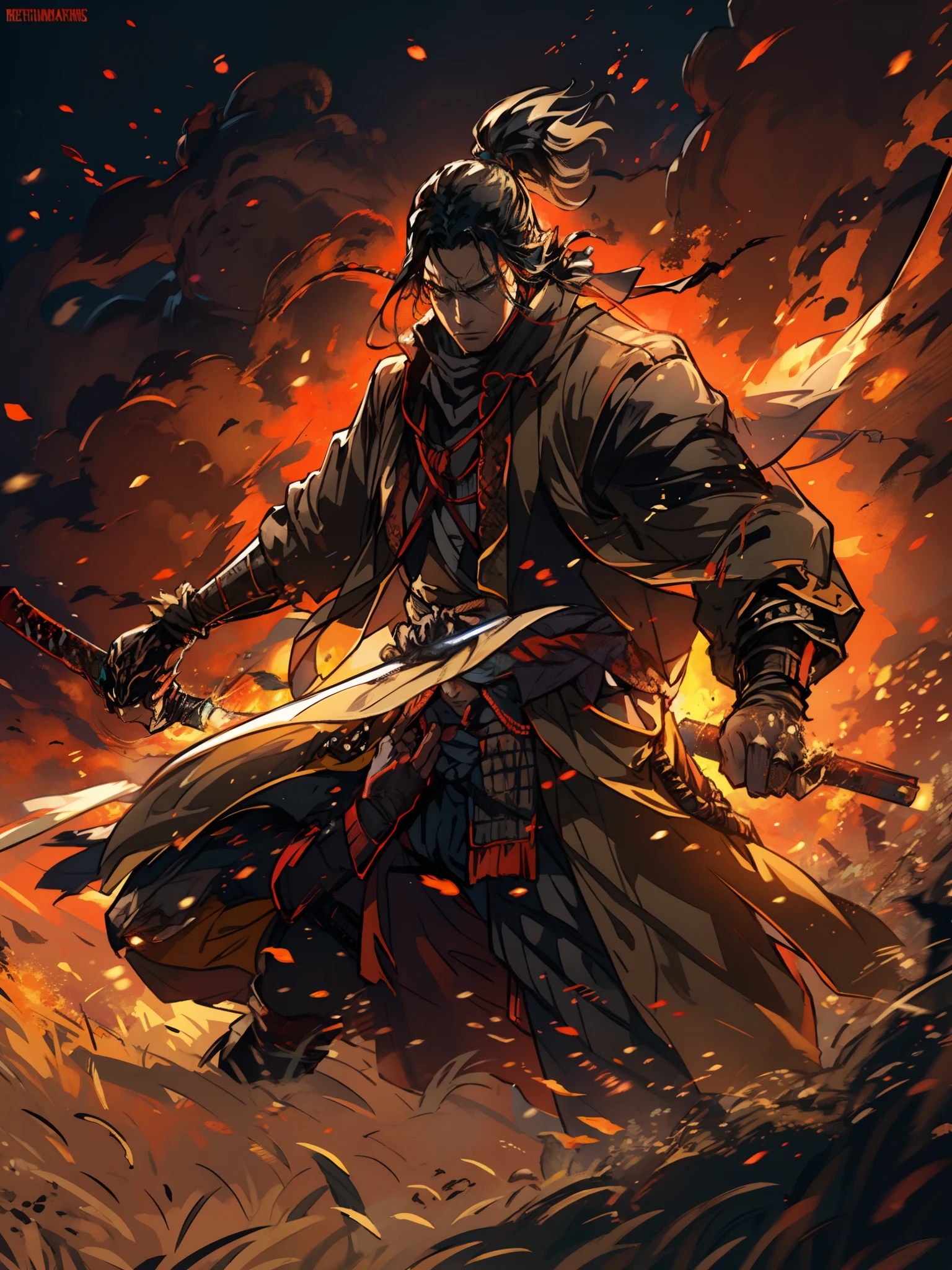 1 homem, sekiro, sombras morrem duas vezes, o anel de fogo, faíscas, cercado pelo fogo, pose de combate.