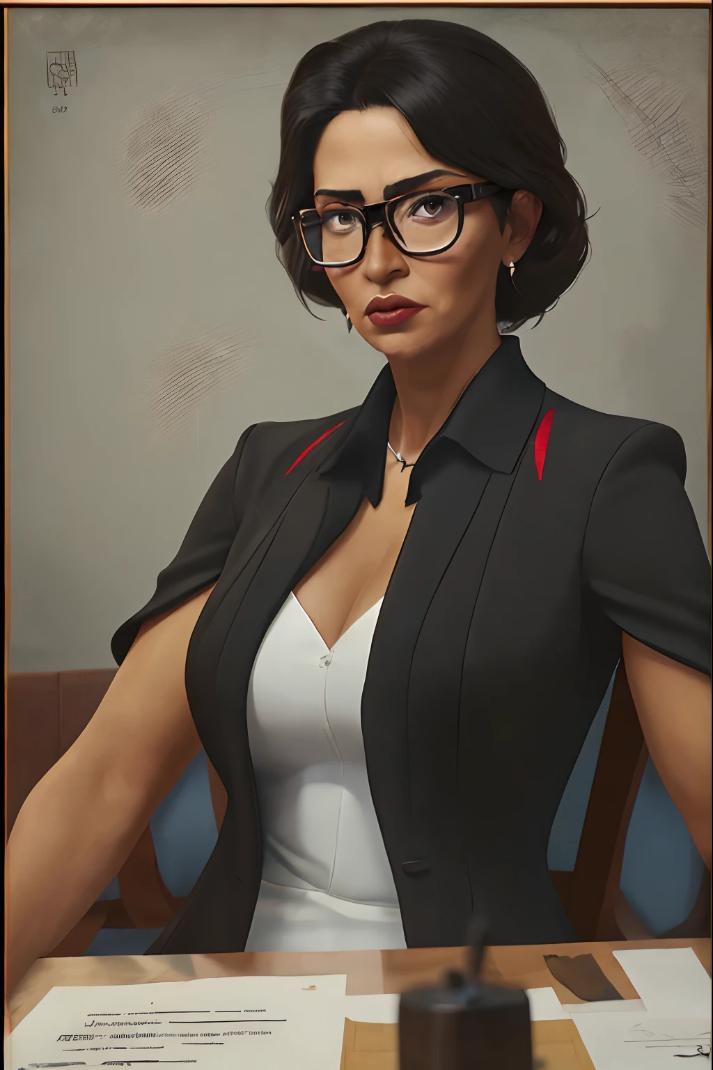 Slim woman with glasses wearing a black suit, pele marrom, professora, Arte de personagem