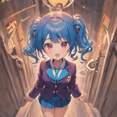Very cute chibi anime girl, Mini Characters、Solo, Simple background, Beautiful twin tails 、 Pretty girl、Cute Chibi、 Dark blue blazer, Pink skirt、High School Uniform, Full body ,I'm insanely surprised、 I was very surprised.、Highly detailed face and eyes, Th...