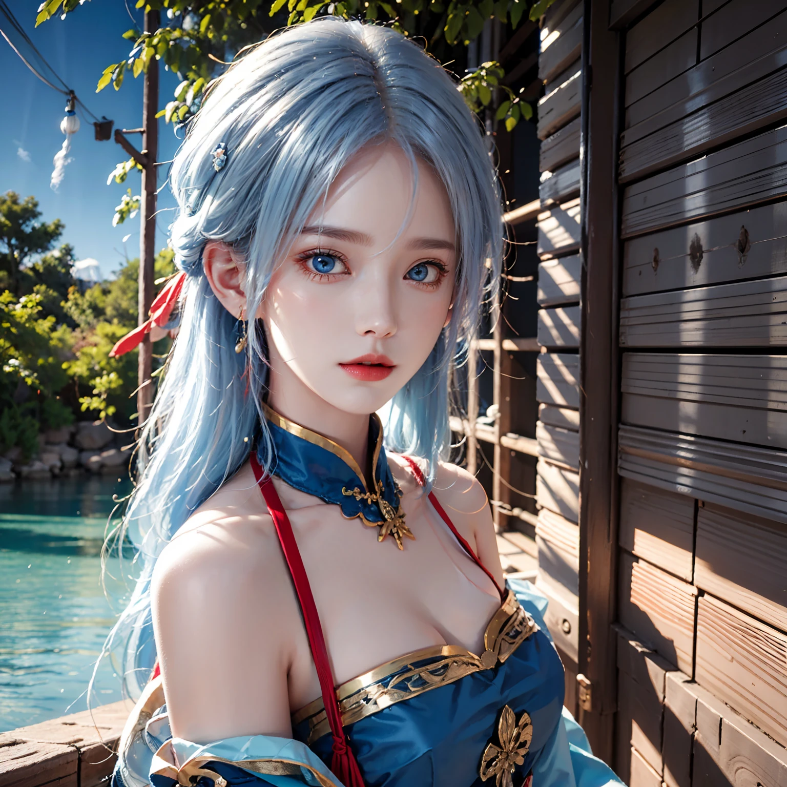 photography awards, masterpiece, blue hair, blue eyes, photorealistic, high resolution, soft light, red t-shirt, 1women, solo, hanfu