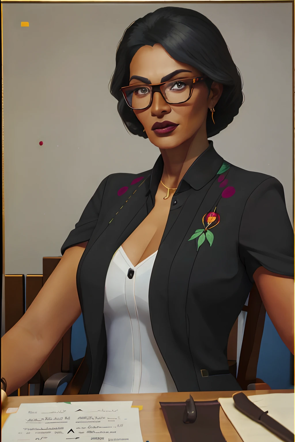 Slim woman with glasses wearing a black suit, adulta de pele marrom, professora elegante