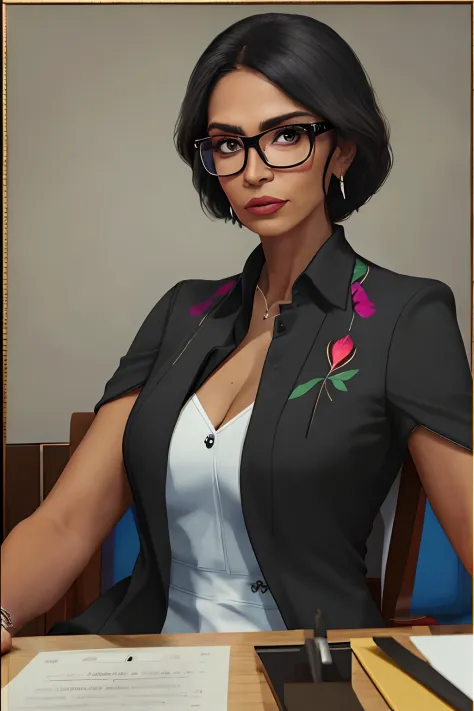 Slim woman with glasses wearing a black suit, pele marrom, professora, Arte de personagem