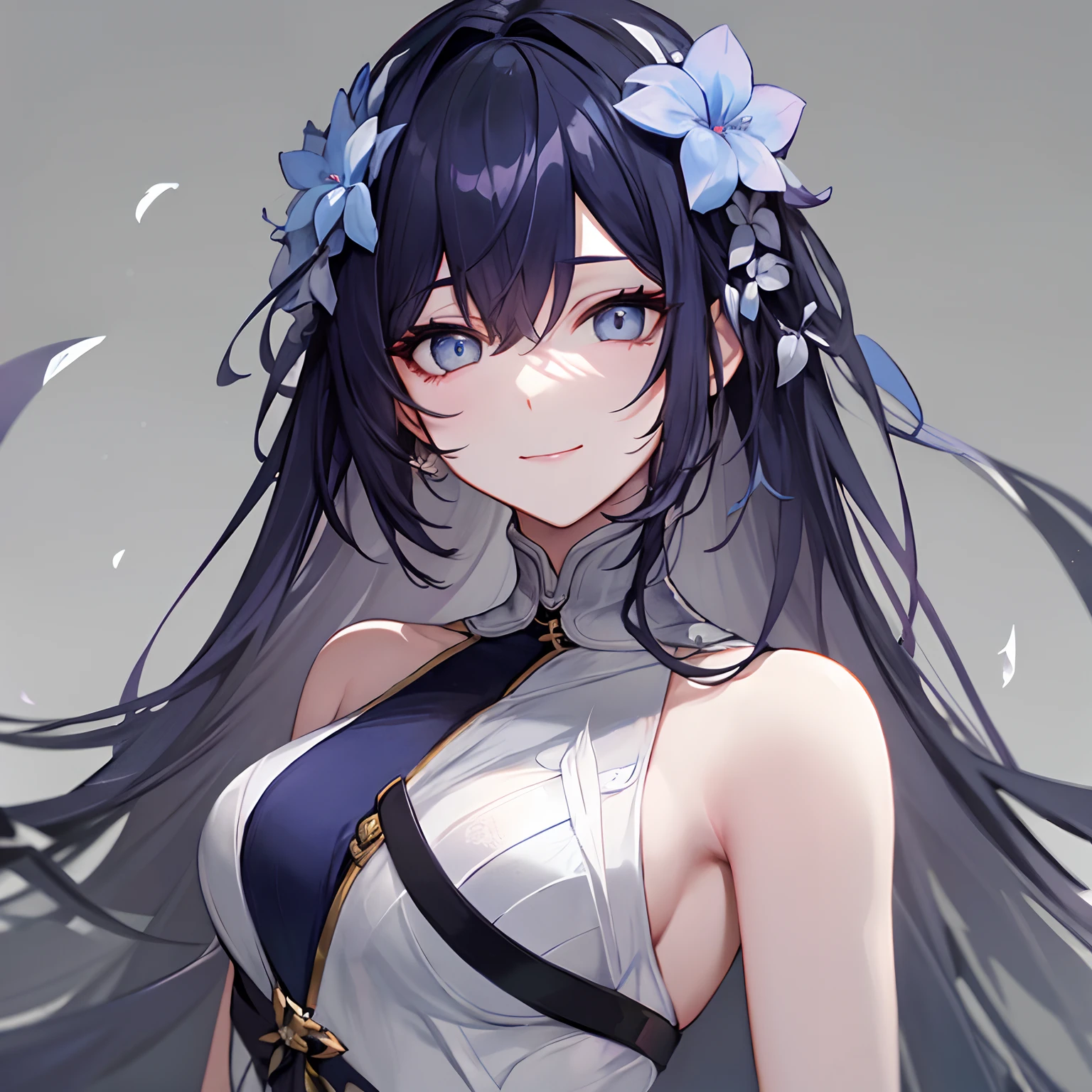 Woman, long dark blue hair gathered in a low ponytail, pale eyes, white combat dress with silver details and flowers, modernity, calm smile, full length