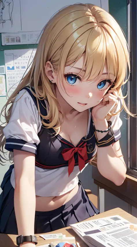 top-quality、Top image quality、​masterpiece、girl with((18year old、Sailor suit with short sleeves、Black Sports Bra、Blue short skirt、Best Bust、Bust 85、a blond、Longhaire、Blue eyes、open chest wide、Happiness、Black wristband on wrist、A slender、Shy face、耳Nipple Ri...
