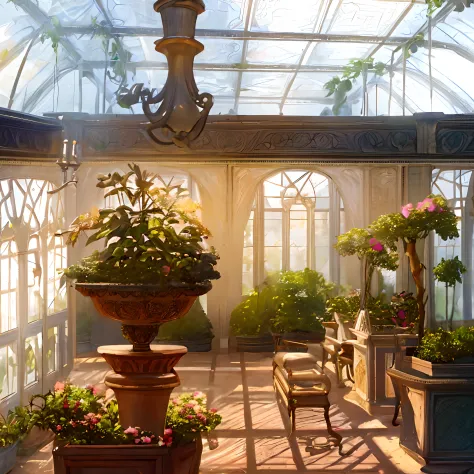 ​masterpiece, greenhouse, Fantasy, beautiful gardens, Palace gardens, Bright sunshine, Belle Epoque, Pixar, cinematic lighting, backlighting, 4k, UHD, best quality