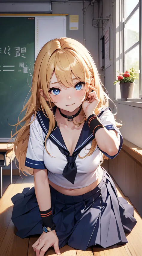 top-quality、Top image quality、​masterpiece、girl with((18year old、Sailor suit with short sleeves、Black Sports Bra、Blue short skirt、Best Bust、Bust 85、a blond、Longhaire、Blue eyes、open chest wide、Happiness、Black wristband on wrist、A slender、Shy face、耳Nipple Ri...