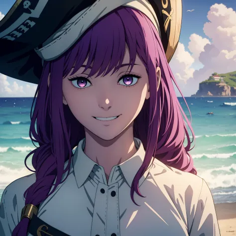 1girl, pirate girl, gorgeous hair in long purple, smile, sea, noble clothes, white dress, looking at somewhere, ((masterpiece)),...