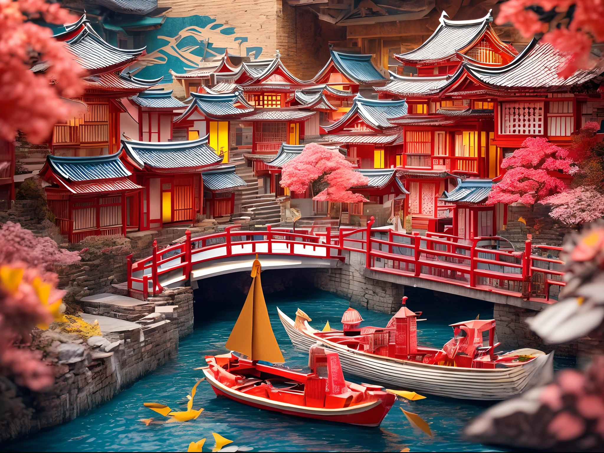 (best quality,4k,8k,highres,masterpiece:1.2),ultra-detailed,realistic,photorealistic:1.37,japanese-style city made of paper,origami,paper art,paper artwork,vivid colors,crispy details,paper structures,folding paper buildings,shimmering paper lanterns,meticulous paper craftsmanship,traditional Japanese architecture,geometric paper patterns,exquisite paper textures,ornate paper sculptures,elaborate paper gardens,serene paper cherry blossom trees,colorful paper koi fish,delicate paper cranes,floating paper boats in a small canal,soft natural lighting,subtle shadows,bright and vibrant color palette,intense hues of red, blue, and gold,paper textures adding depth and dimension to the city scene,evening scene with paper lanterns illuminating the streets,a sense of tranquility and peacefulness permeating the paper city.