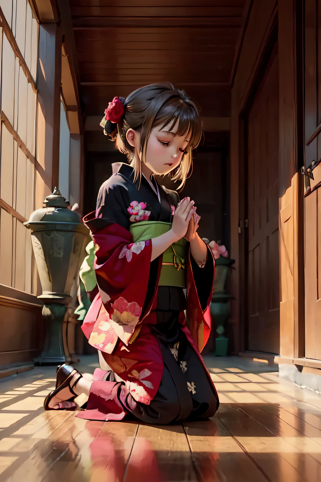 kimono, 1girl, beautiful blond girl praying in a temple, highly detailed, 4K graphic, masterpiece