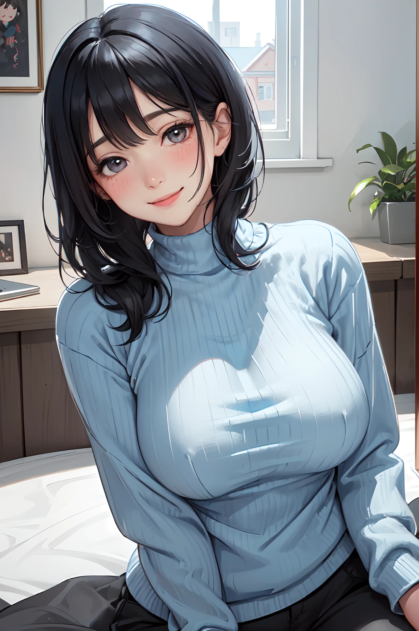 /(modern house indoors/), 1lady solo, mature female, /(blue ribbed sweater/), /(black hair/) bangs, blush kind smile, (masterpiece best quality:1.2) delicate illustration ultra-detailed, large breast