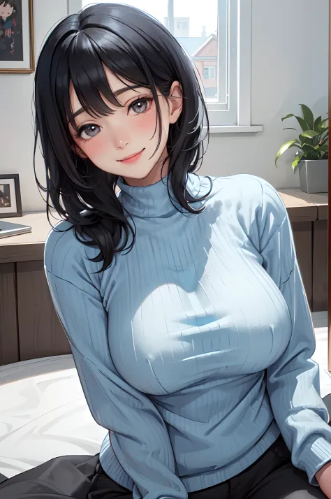 /(modern house indoors/), 1lady solo, mature female, /(blue ribbed sweater/), /(black hair/) bangs, blush kind smile, (masterpie...