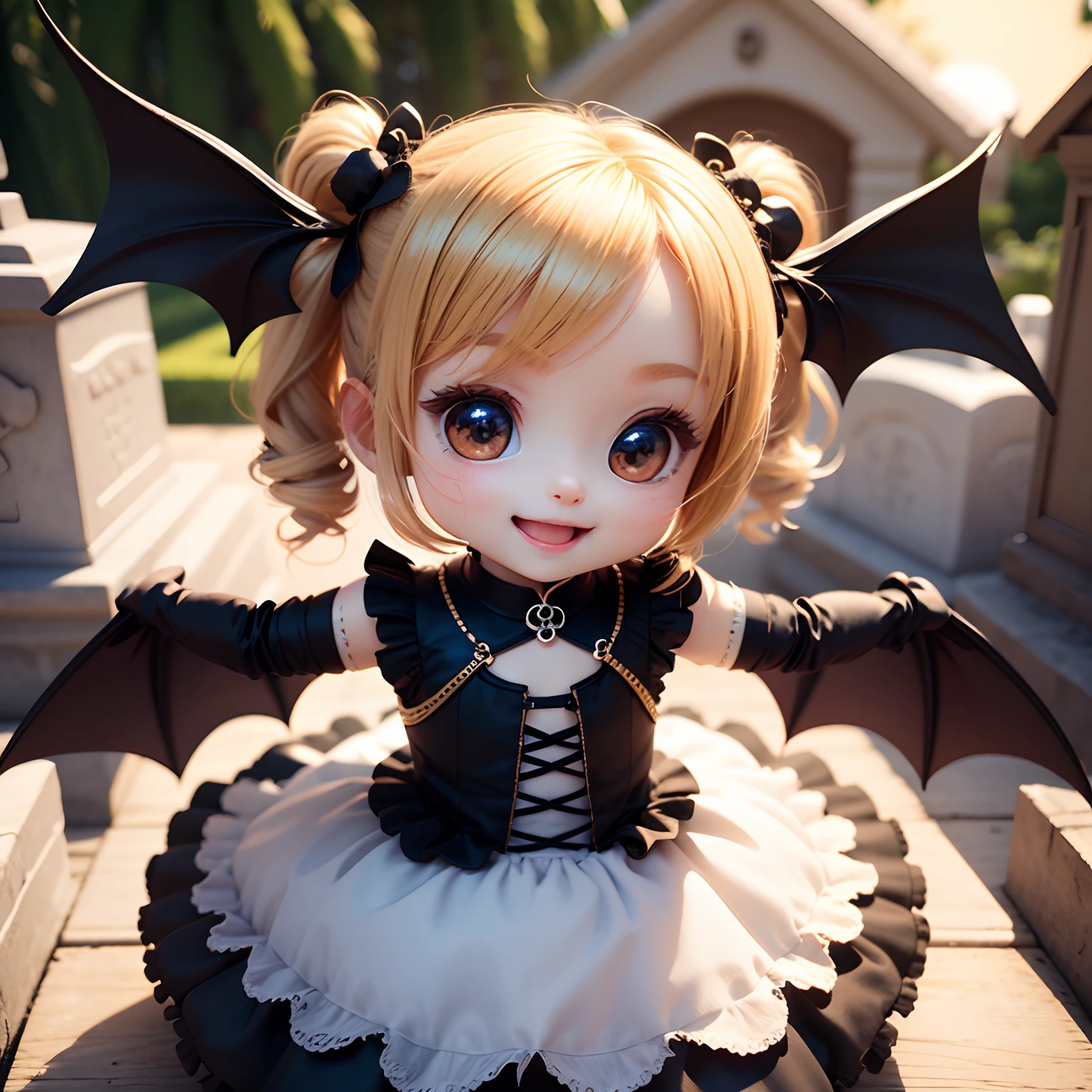 Cute Baby Chibi Anime、(((Chibi 3D))) (Best Quality), (masutepiece)、Little bat-like chibi、Blonde Half Up Hair、Open your mouth and smile、a small face、petite body、Black Jewelry Decoration Costume、outside of house、Big Full Moon、Foreign Cemetery、