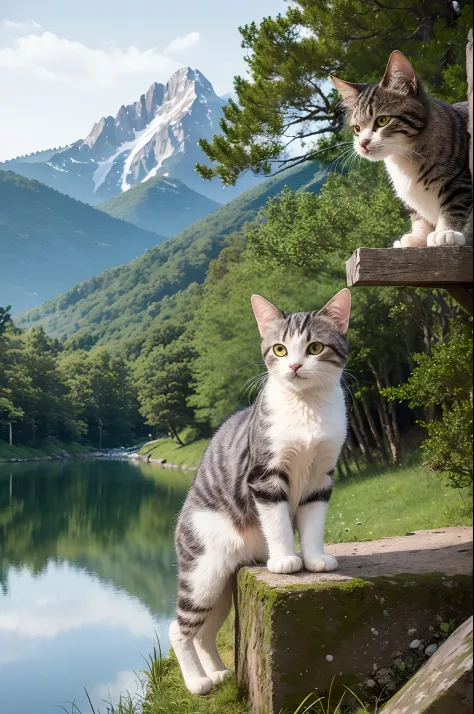 ((top-quality、​masterpiece、photographrealistic:1.4、in 8K))、Cats、(Mountains and lakes behind)、detailed pussy、Delicate and beautiful cat、Beautiful Landscapes
