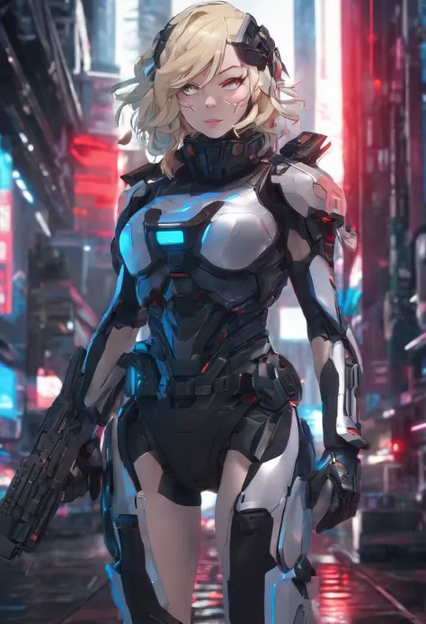 Beautiful Ypoung Special Forces Girl, (((Blue Eyes, Blonde Hair))), (((Wearing black special forces equipment, Body Armour, Half Face Mask))), Gun in hand, full bodyesbian, Shot at knee level, Cyberpunk, neonlight, Futuristic, surrealist, Red 3D, Redshift,...