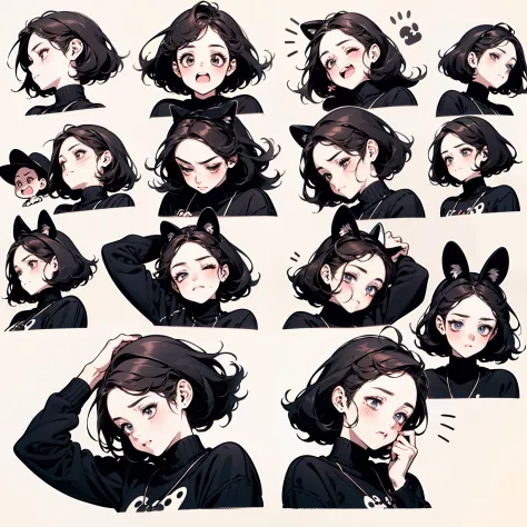 Cute girl avatar，Emoticon pack，（Cat's ears），(9 emojis，emoji sheet，Align arrangement)，9 poses and expressions（Grieving，wonderment，having fun，Excitement，great laughter，doubt，angry，Touch your head，Sell moe, wait），anthropomorphic style，Disney style，Black strok...