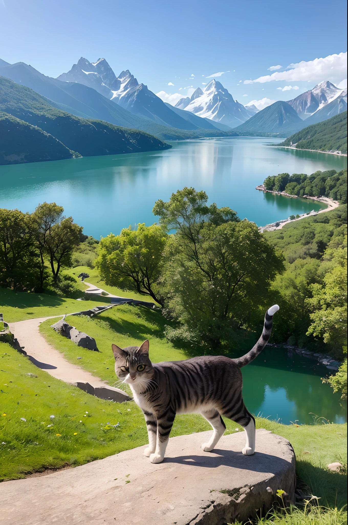 ((Top Qualität、Meisterwerk、Fotografierealistisch:1.4、in 8K))、Berge und Seen im Hintergrund)、detaillierte Muschi、Zarte und schöne Katze、Schöne Landschaften