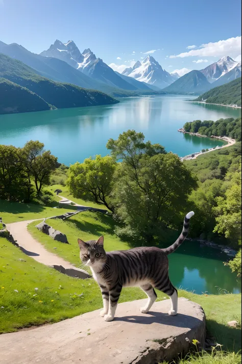 ((top-quality、​masterpiece、photographrealistic:1.4、in 8K))、Cats、(Mountains and lakes in the background)、detailed pussy、Delicate and beautiful cat、Beautiful Landscapes