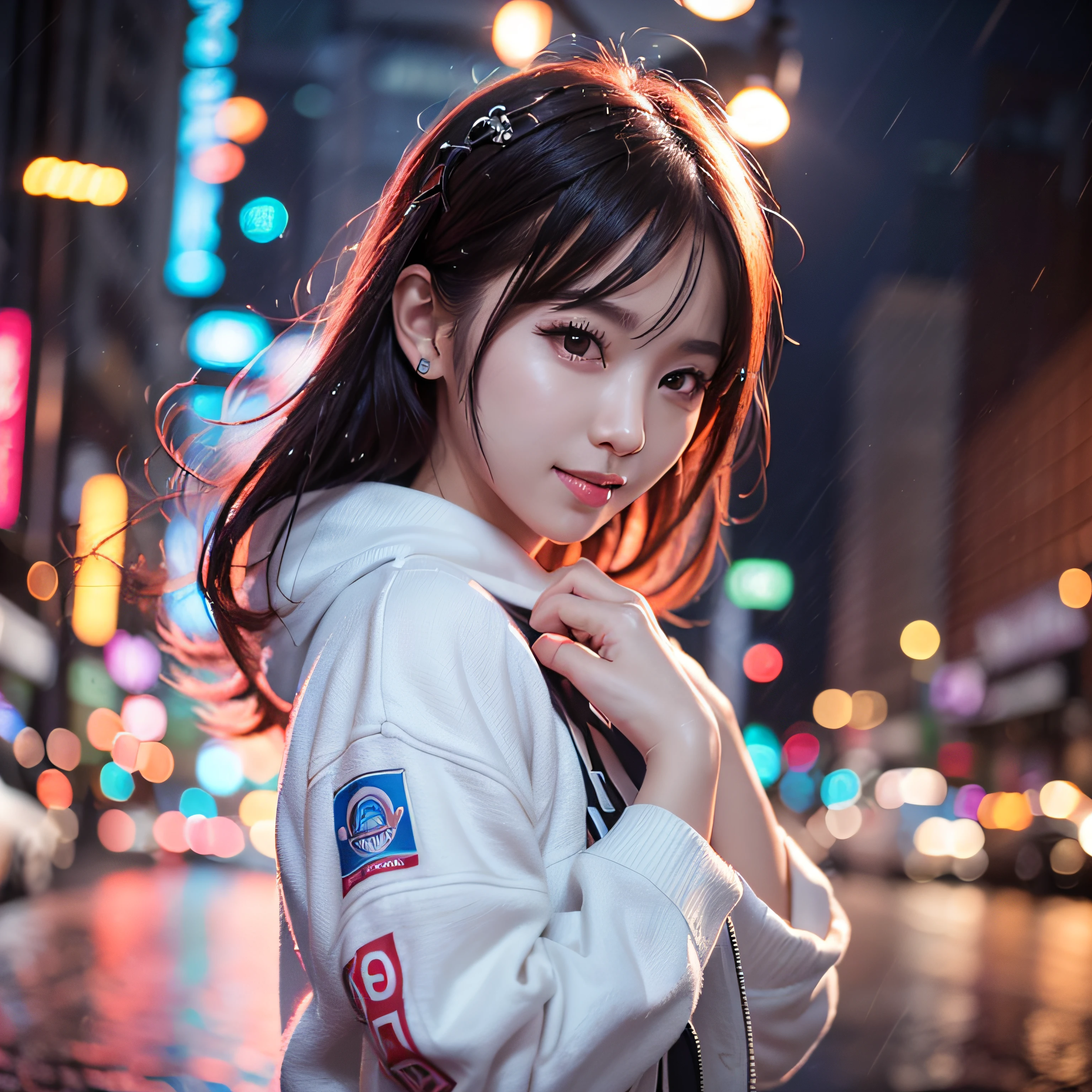 (8K, Raw photo, Best Quality, masutepiece:1.2), (Realistic, Photorealsitic:1.37), Omertosa, 1girl in, (Kpop Idol), (aegyo sal:1), Cute, Cityscape, Rain, Wet, Professional Lighting, Photon mapping, Radio City, Physically-based rendering,,