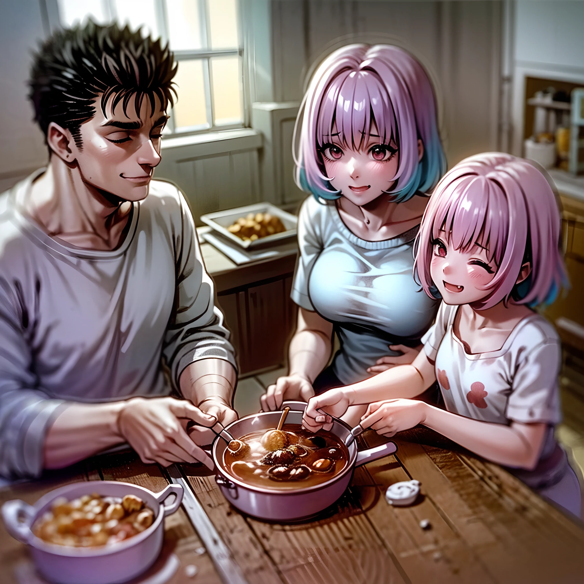 riamu yumemi,guts,couple,husband and wife,riamu motherly,house wife,cooking,mother and son,children,family,happy,(best quality,4k,8k,highres,masterpiece:1.2),ultra-detailed,(photo1.37),joyful,loving,embrace,adorable,cheerful,blissful,togetherness,warmth,smiles,vibrant colors,sunshine,beautifully lit,cosy home,harmonious,family bond,making memories,satisfying meal,homemade food,laughter,motherly affection,playful kids,herb garden,spacious kitchen,life's small joys,dreamy,wholesome,carefree,affectionate gaze,authentic moments,harmony of love and simplicity,unconditional love,tranquil,heartwarming,captured memories,cherished moments,intergenerational love,endless laughter,tight-knit,fond memories,blessed family,treasuring time together,priceless happiness