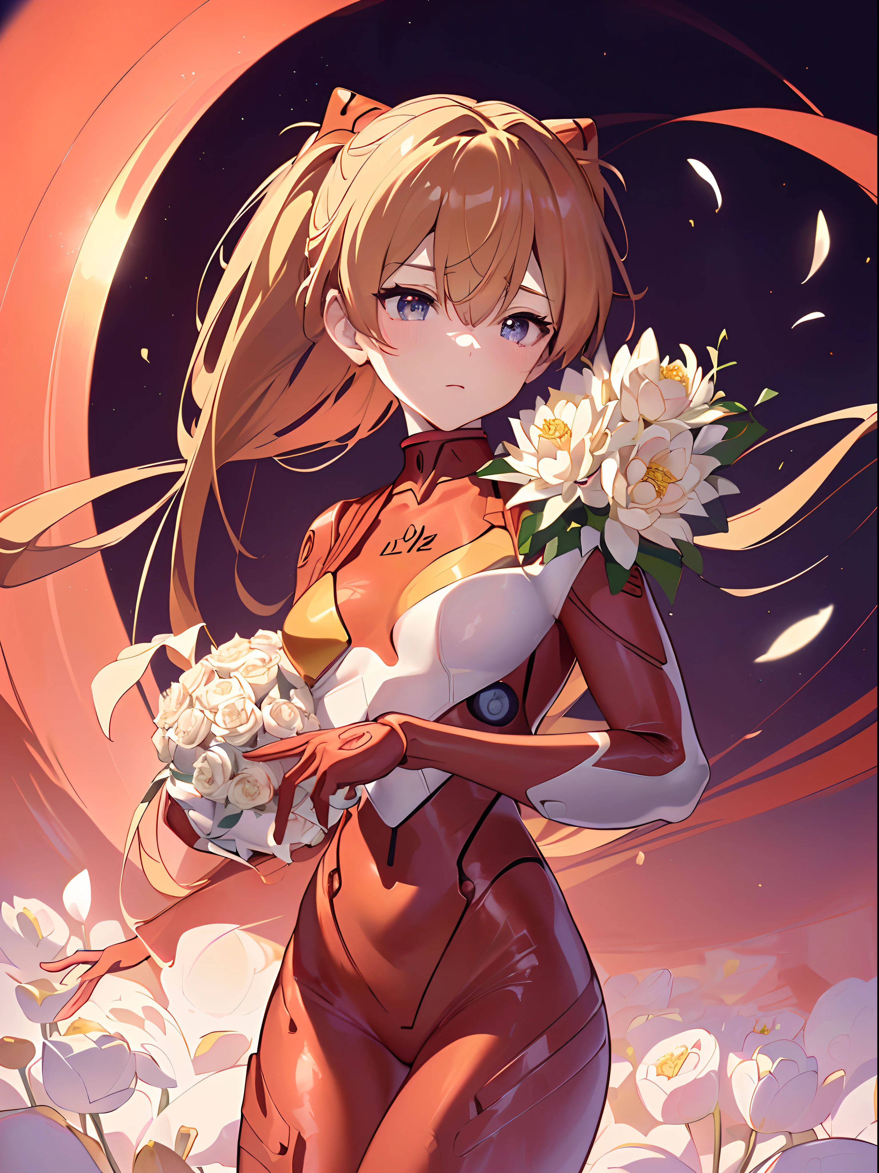 ((souryuu asuka langley,bodysuit,red plugsuit1.2,Blonde,high ponytail)),(Glowing eyes:1.233), diffuse reflection, high-profile, majestic,(Tsundere,very blushing face,)(Beautiful and detailed eyes:1.3),1girl,Solo,(Masterpiece,Best quality, offcial art,Target the audience, Beautiful and aesthetic:1.2),(超高分辨率,Golden ratio, (4K), looking from above,((white flower bouquet,lotus,)),Floating, (photon maping, Radio City, Physically-based rendering,automatic white balance),Amazing,Sharp focus,Rich background, (((high detailed skin,)))Dynamic lighting,Intricately detailed clothing,Watery eyes,(masterpiece sidelighting),(a beauty girl,The sheen),[[Delicate fingers and hands:0.55]::0.85],(Detail fingers),((((BREAK,Design an image with a fisheye lens effect, capturing a wide field of view with a distinctive, curved perspective:1.4.BREAK,)))Superior photographic quality((extremely_Detailed_Eyes_and_face)),(Disheveled hair),Movie girl,