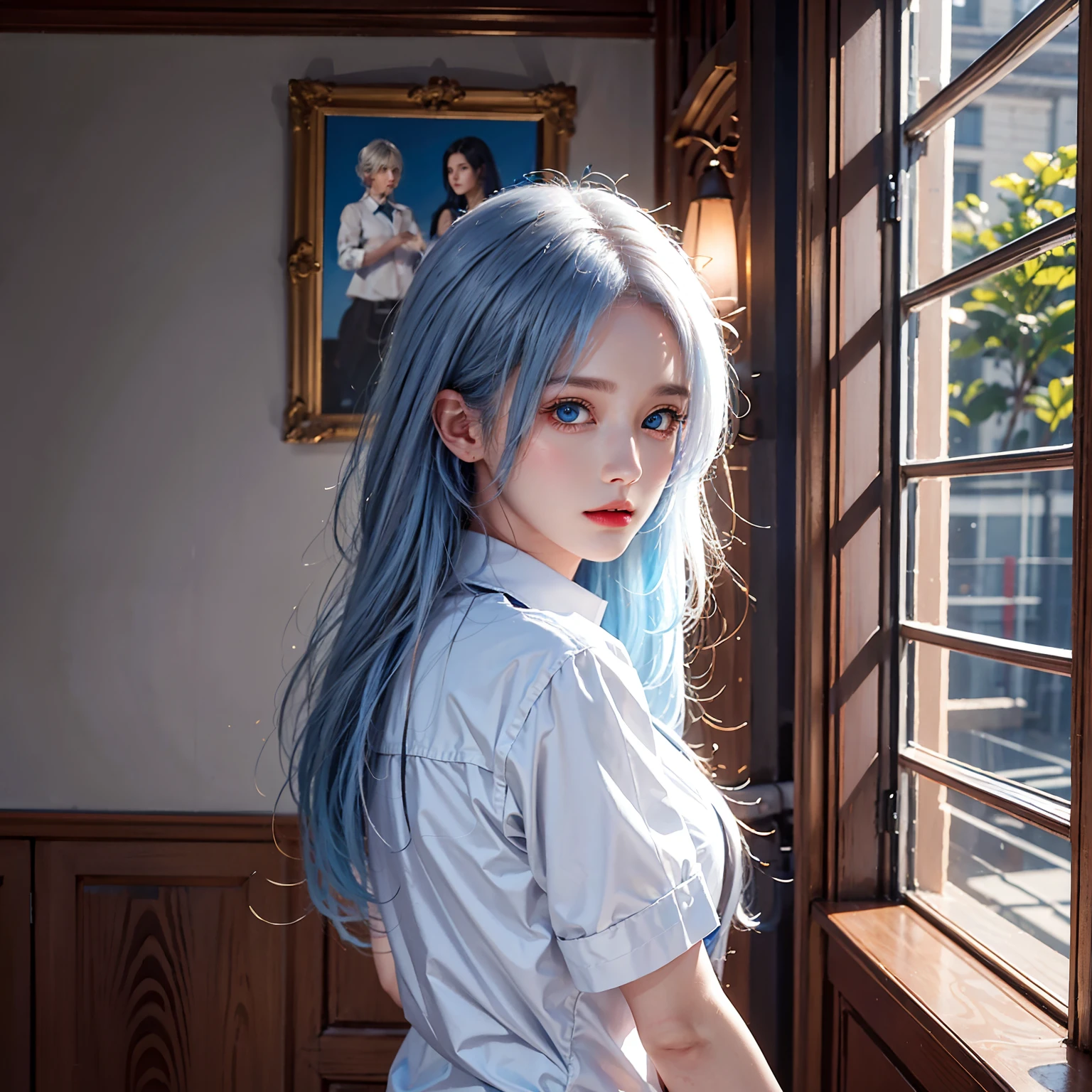 photography awards, masterpiece, blue hair, blue eyes, photorealistic, high resolution, soft light,1women, solo, shirt, school uniform