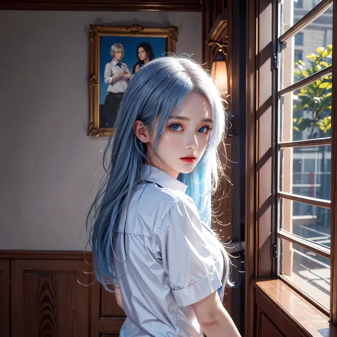 photography awards, masterpiece, blue hair, blue eyes, photorealistic, high resolution, soft light,1women, solo, shirt, school u...