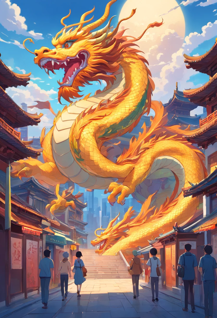 Chinese dragon on Chang'an City, Art Nouveau style illustration, Detailed sky, chinapunk, Explanatory narrative, solarizing master, quito school, Visual poetry