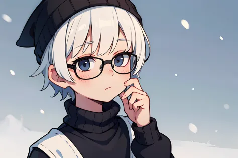 A boy with short white hair wearing a white mix with black sweater and a black beanie with a glasses being cold in a snow backgr...
