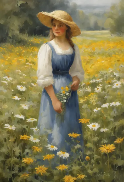 ((masterpiece, , best quality, extremely intricate, william water house peasant  girl with pretty facestanding in a field of oxeye daisys
