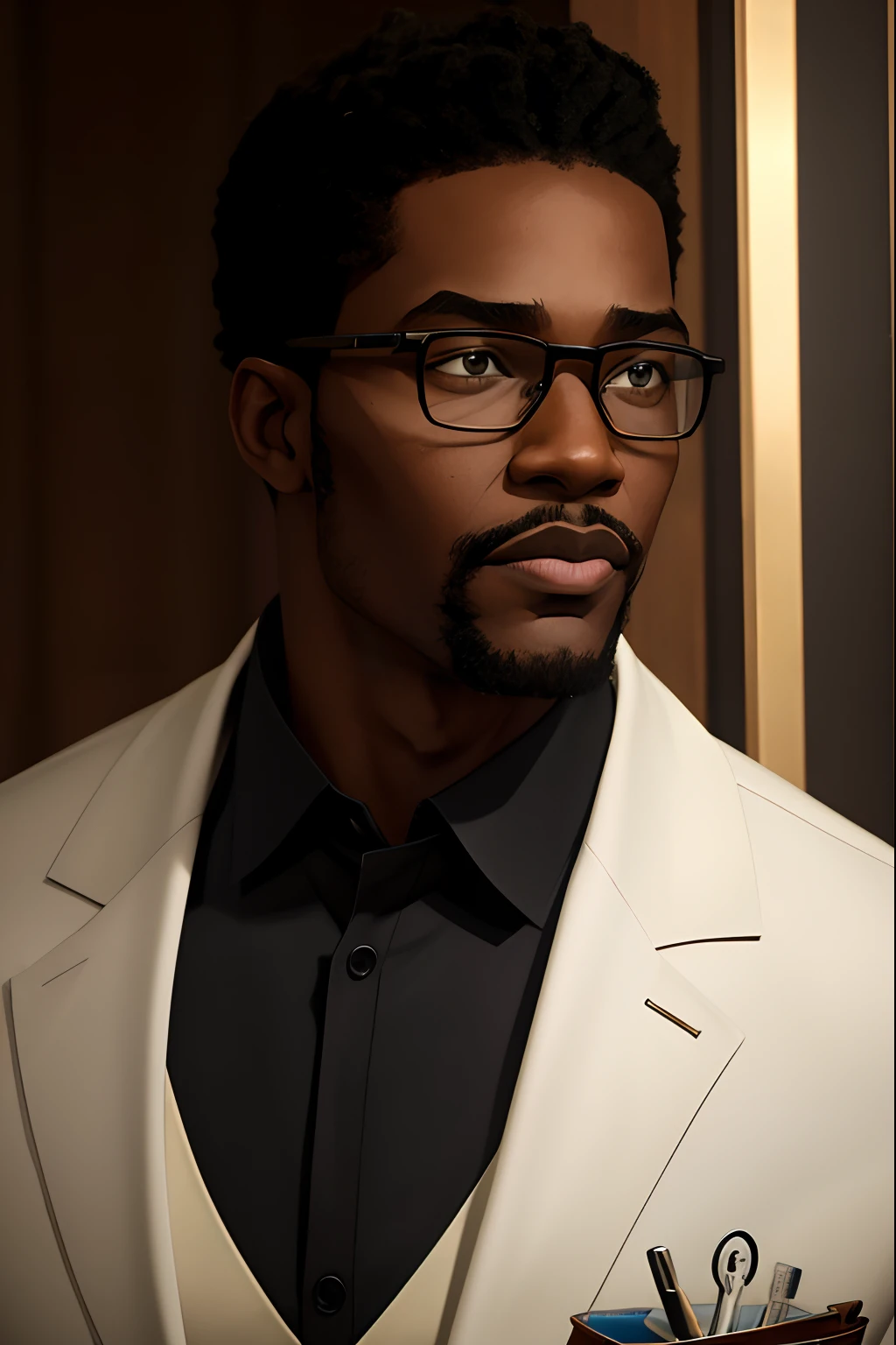 Tall black man with glasses, cabelo curto, barba rala, medic, inteligente, inspirado no ator Jonathan Majors