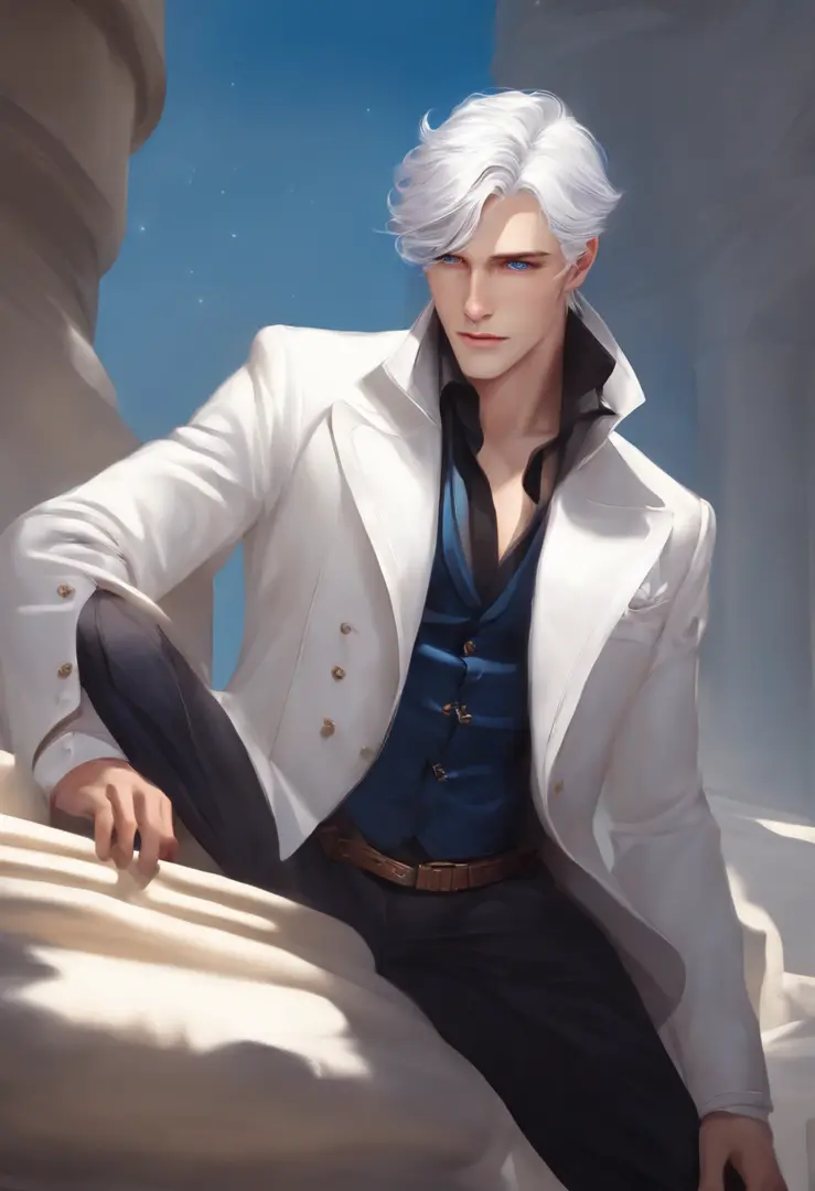 Csar D'Future, attractive man, white hair, blue eyes, formal clothes.