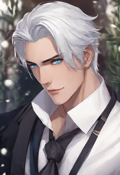 Csar D'Future, attractive man, white hair, blue eyes, formal clothes.