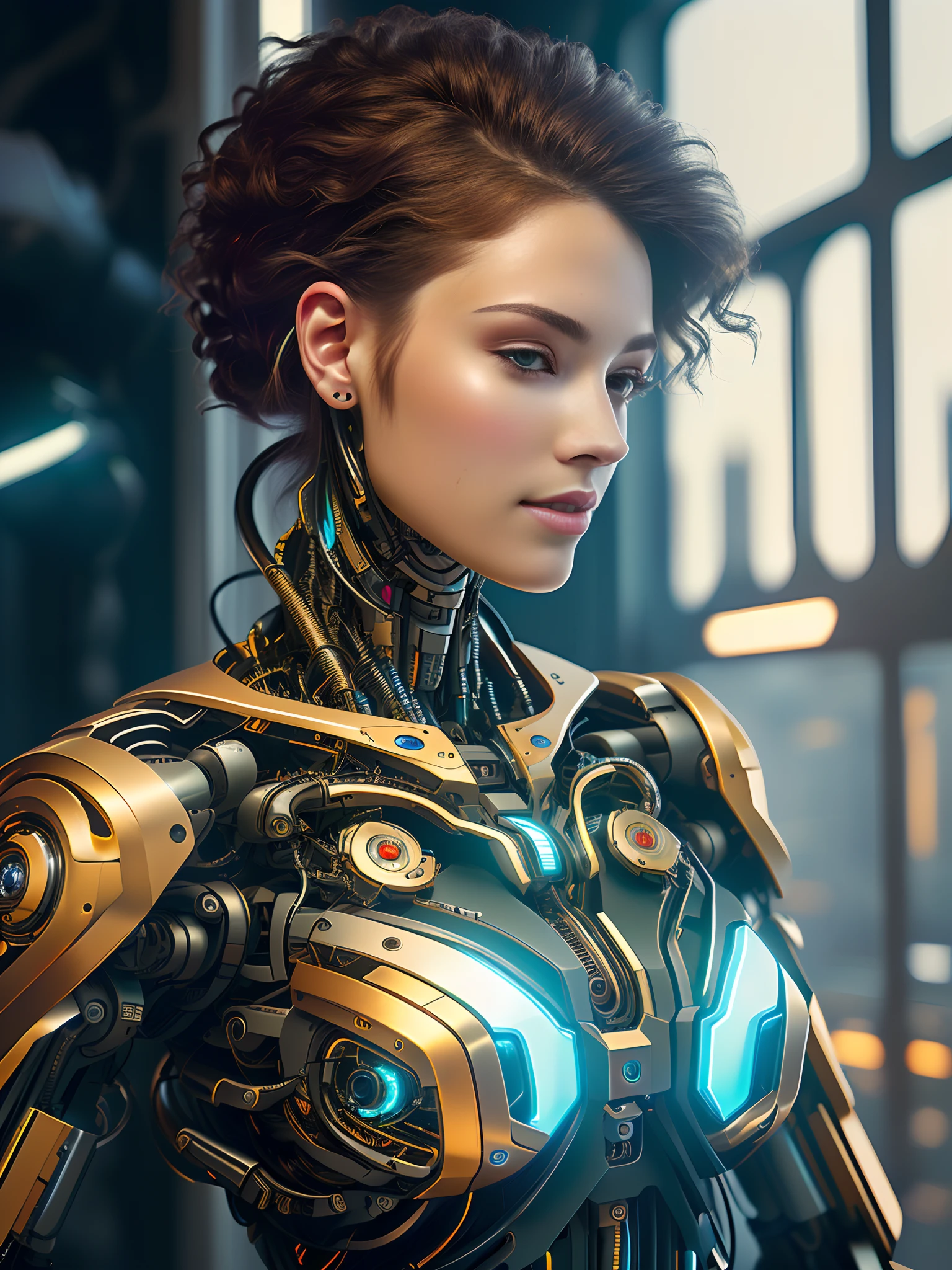 (Best quality,4K,8K,A high resolution,Masterpiece:1.2), Ultra-detailed, (Realistic,Photorealistic,photo-realistic:1.37), Large futuristic charging station, Woman charging, Short hair, Cute cyborg girl leaning against the wall, Robotic arm, electrical wires, connections, Beautiful cyborg girl, Cyborg girl, Cyberpunk anime girl with mech set, The perfect anime cyborg woman, Beautiful Caucasian girl with semi-mechanical enhancement, (Cyborg girl), Vibrant colors, Studio lighting.