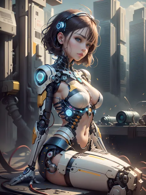 (best quality,4k,8k,highres,masterpiece:1.2), ultra-detailed, (realistic,photorealistic,photo-realistic:1.37), large futuristic charging station, woman charging, short hair, cute semi-mechanical girl leaning against a wall, robotic arm, wires, connectors, ...