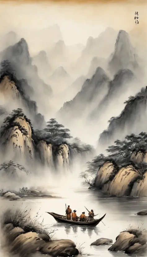 Chinese landscape painting，ink and watercolor painting，water ink，ink，Smudge，Faraway view，Ultra-wide viewing angle，Meticulous，Light boat in the distance，Faraway view，Meticulous，Smudge，low-saturation，Low contrast，The light boat has crossed the Ten Thousand H...