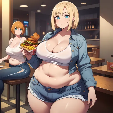 ((highres)), Masterpiece, high quality, best quality, beautiful, perfect lighting, detailed face, ultra cute face, ((2girls)), one girl has blonde hair, blue eyes, crop top and shorts skindentation, one girl has brown hair, green eyes, jeans, white shirt, ...