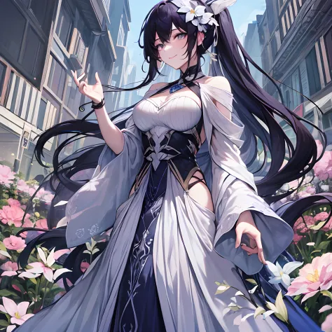 Woman, long dark blue hair gathered in a low ponytail, pale eyes, white combat dress with silver details and flowers, modernity,...