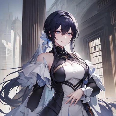 woman, long dark blue hair gathered in a low ponytail, pale eyes, white combat dress with silver details and flowers, modernity,...