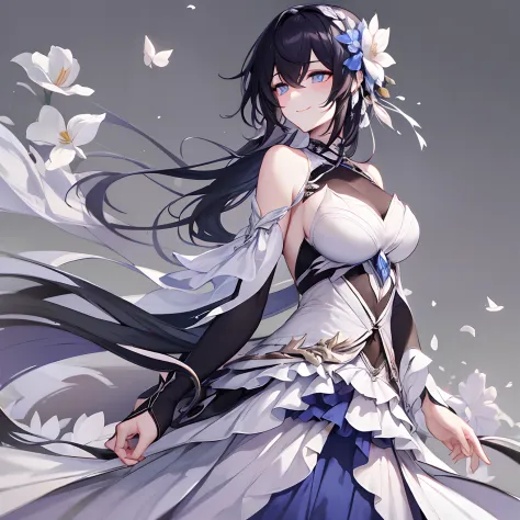 Woman, long dark blue hair gathered in a low ponytail, pale eyes, white combat dress with silver details and flowers, modernity,...