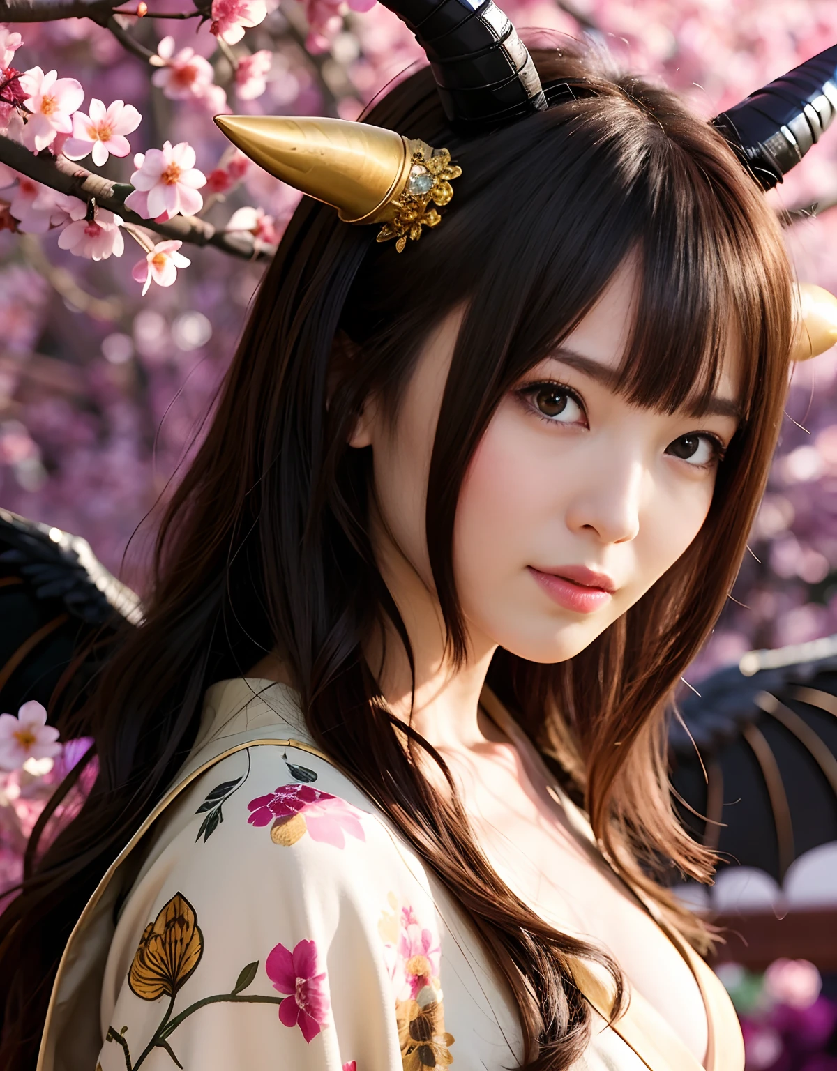 ((World of Darkness)),Professional , ​masterpiece、top-quality、photos realistic , depth of fields 、（sexypose）、(Background of cherry blossoms in full bloom),（Ultimate Beauty）、A dark-haired、（)、（Kimono with beautiful pattern）、（Night background）、（（Wearing a skeleton helmet））,(Wear a beautiful kimono),（Wear a beautiful kimono with colorful floral patterns）、Jewel Gold Weapon、Particles of light),（Has a devil's mask）、Gorgeous gold weapons ,Skeleton population、（（ Gorgeous Dragon Sword）） , （a dark night）,,（maikurobikini） 、（（Black Haired Beautiful Girl））、（Castle background）、（demonic wings）、（（Gangle's forest background））、Beautiful Caucasian beauty、１a person、dynamic ungle,(((Two devil's horns on the head)))、Smaller head、Idle Smile、Thin and beautiful female handystical expression、Light Effects、intense fighting、Wind-effect、magic circles、With the legendary magic wand、Dragon's tail、