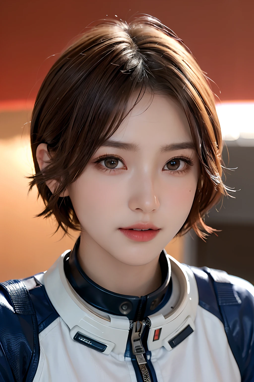 top-quality、​masterpiece、超A high resolution、(realisitic:1.4)、Beautuful Women１、Beautiful detail eyes and skin、ssmile、Light brown short-cut hair、The perfect spacesuit、spaceshipysterious planet、Red sky、Sand Planet、sandstorm、